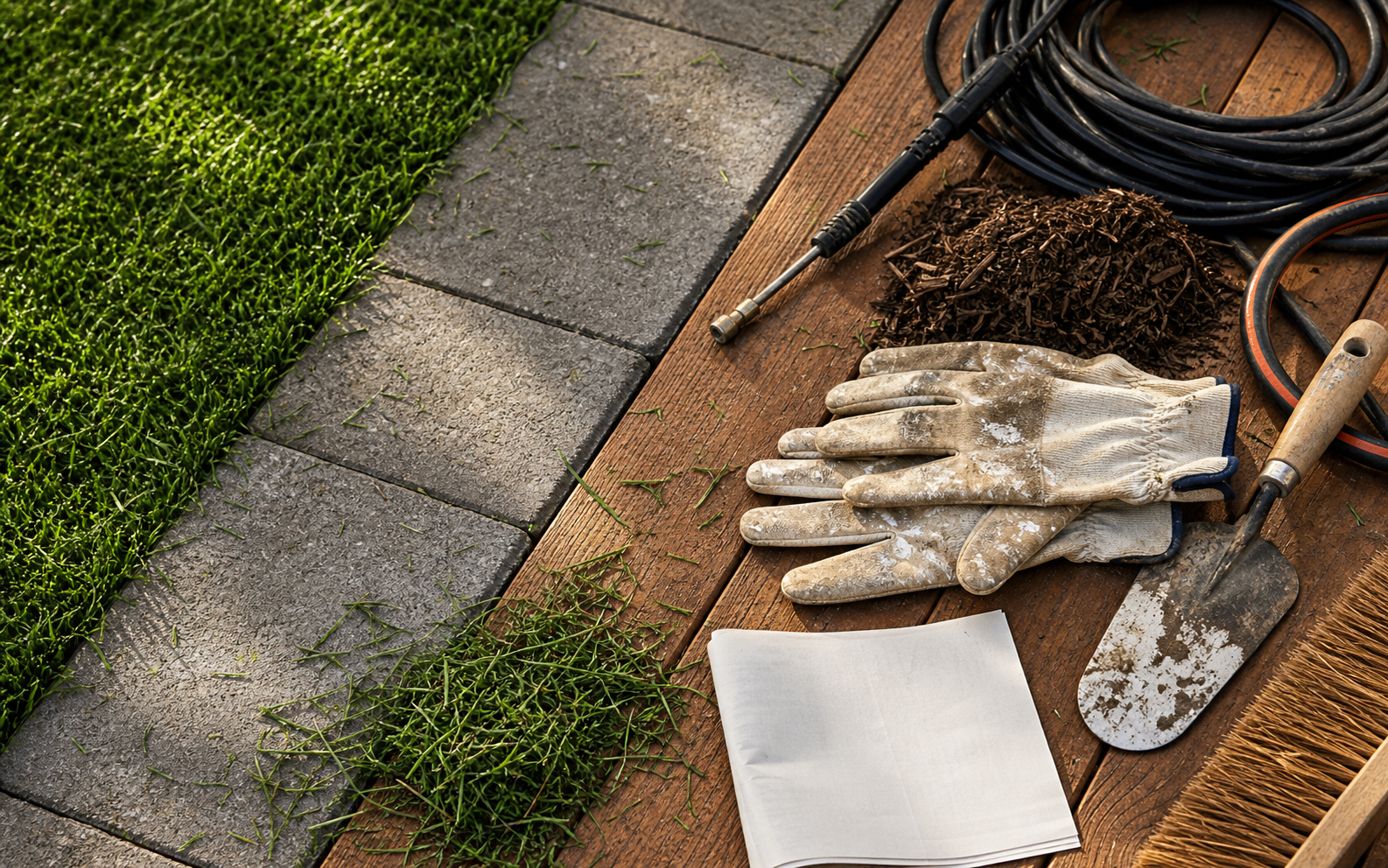 Landscaping and home project materials arranged on a yard work surface